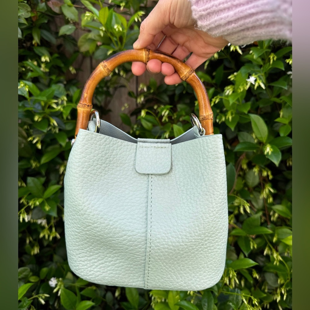 Mini Mint Green Leather Handbag with Bamboo Handle